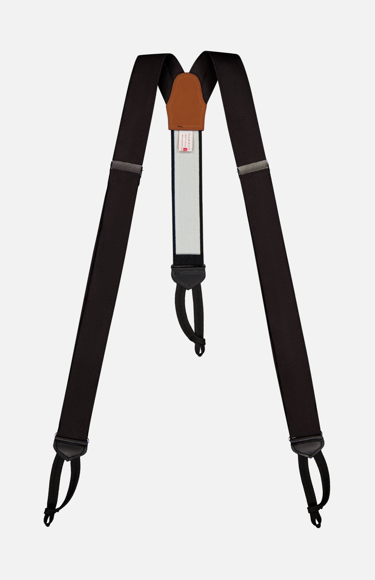 CARROT & GIBBS Satin Suspenders feature black satin with adjustable straps, leather top-center detailing, and button loops. Handcrafted for formal wear, these suspenders are shown against a plain white background.