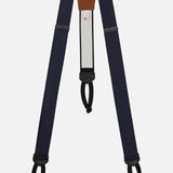 CARROT & GIBBS Satin Suspenders feature navy satin, black leather loops, a brown leather back patch, and adjustable sliders—handcrafted formal accessories displayed flat on a white background.