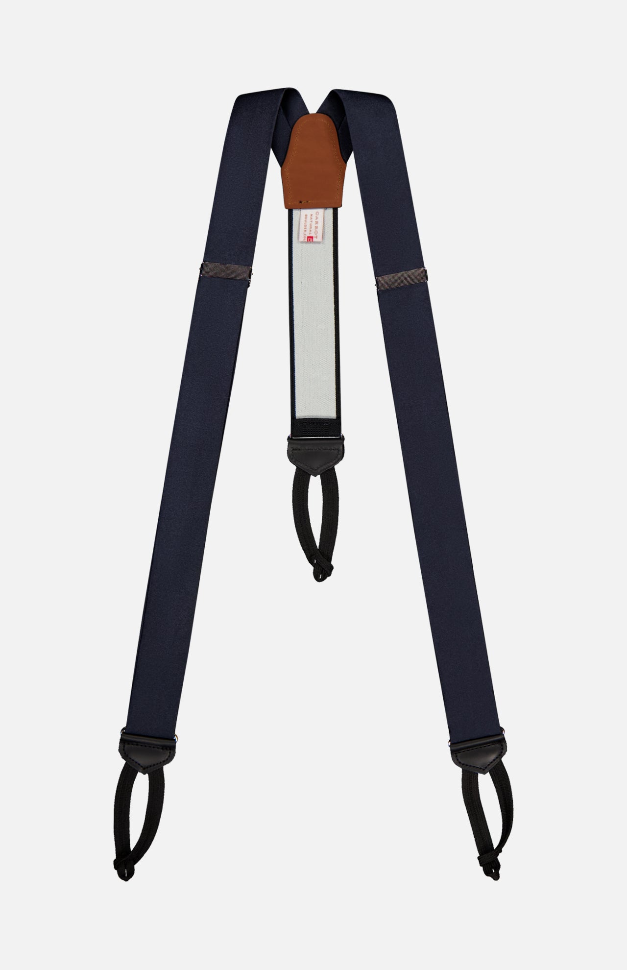 CARROT & GIBBS Satin Suspenders feature navy satin, black leather loops, a brown leather back patch, and adjustable sliders—handcrafted formal accessories displayed flat on a white background.