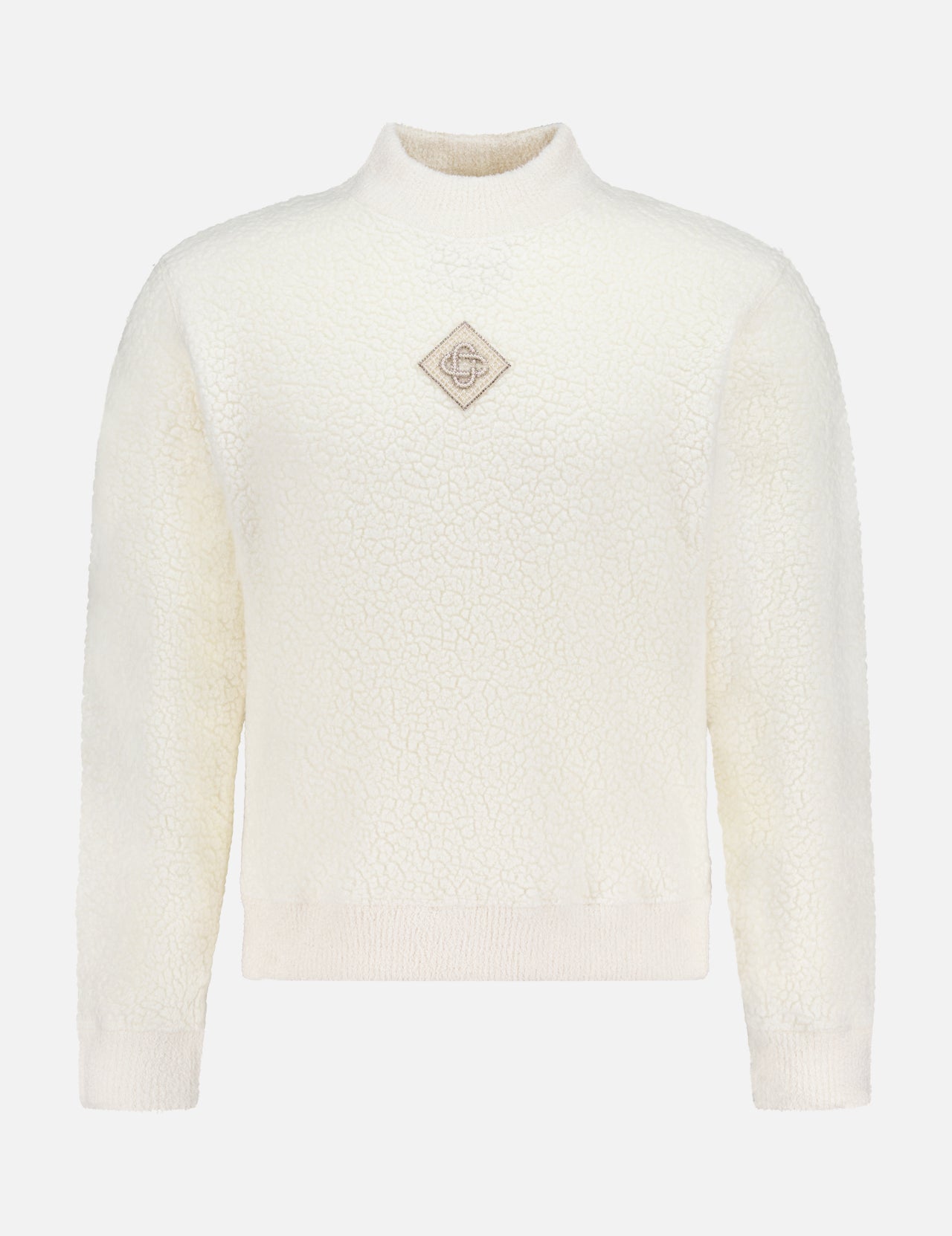 The CASABLANCA Cashmere Pearl Logo Sweatshirt is a cream, long-sleeve fleece made from a wool-cashmere blend, featuring textured fabric, ribbed trim, and a diamond-shaped logo patch on the chest.