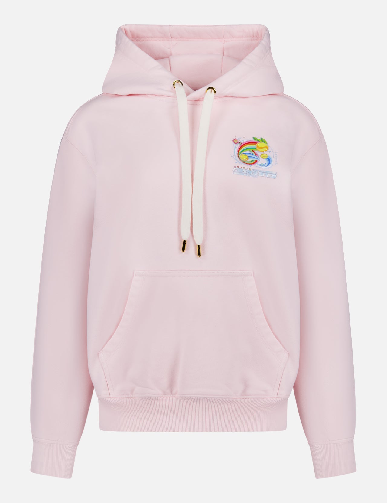 The CASABLANCA Manga Tennis Ball Hoodie is light pink, featuring a front pouch pocket, white drawstrings, and a small colorful embroidered logo on the left chest.
