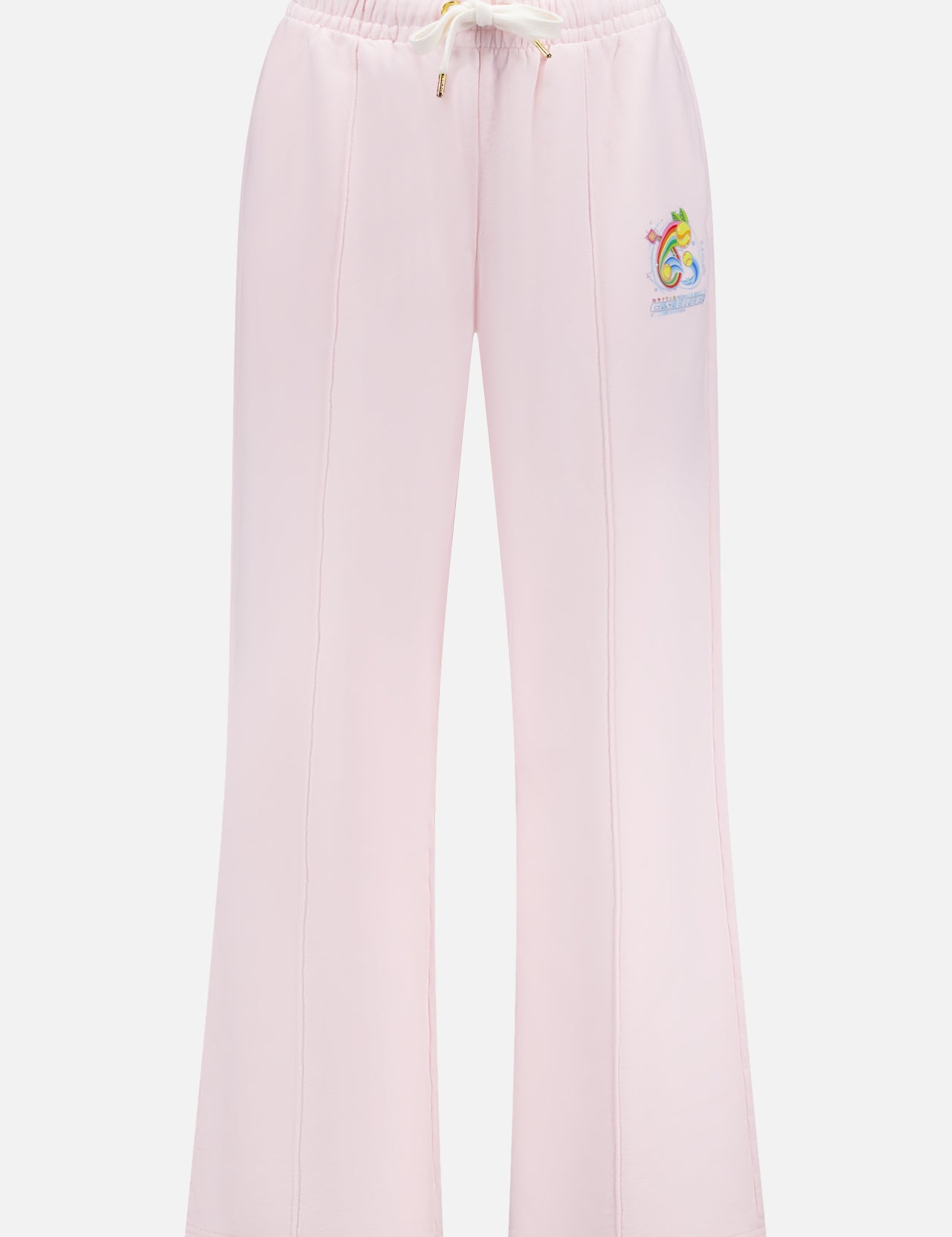 The Manga Tennis Ball Sweatpant by CASABLANCA features light pink, wide-leg pants with an elastic waistband, drawstring, and a colorful Kawaii Manga embroidery on the left hip. Enjoy a relaxed, comfortable fit in this fun style.