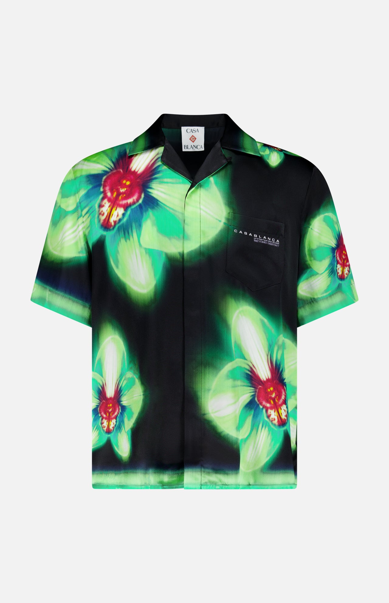 The CASABLANCA Glitch Orchid Cuban Collar Short Sleeve Shirt features bold green and red florals on black, a chest pocket, and a relaxed silhouette—ideal for making a statement.