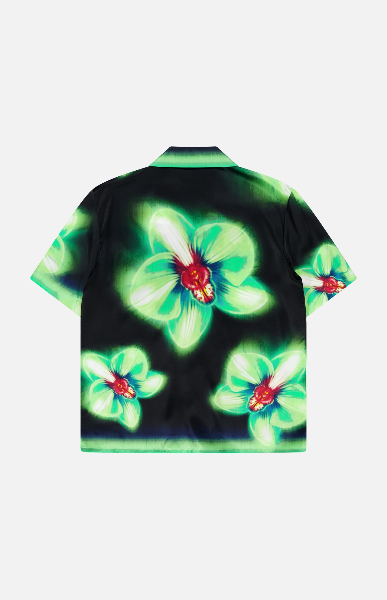 The CASABLANCA Glitch Orchid Cuban Collar Short Sleeve Shirt features a black base with vibrant green glitch floral patterns and red-centered flowers, adding bold energy to your button-up collection.