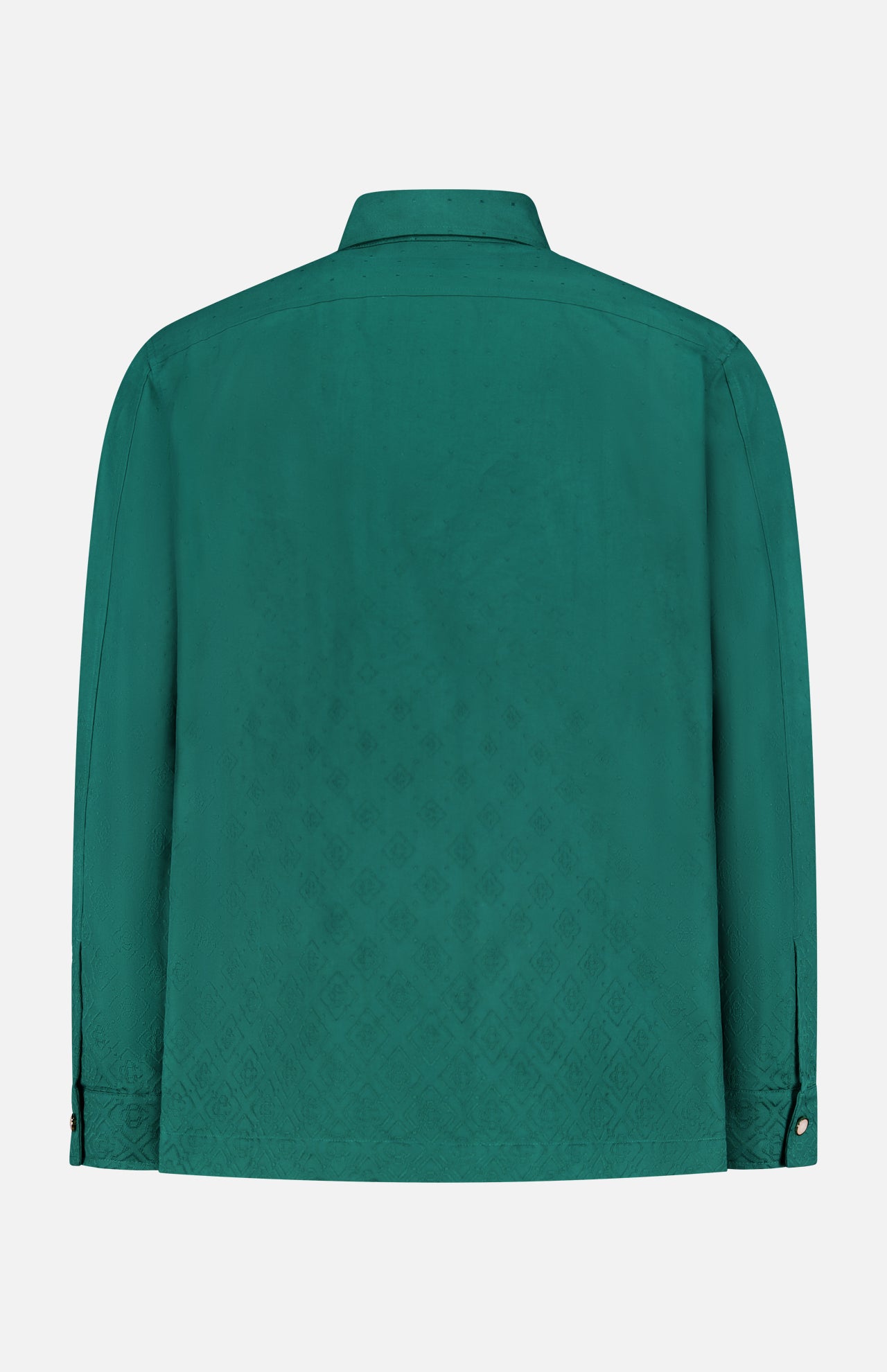 The CASABLANCA Piquet Logo Long Sleeve Shirt in green is shown from the back, featuring a subtle textured pattern, buttoned cuffs, and signature Casablanca elegance.