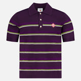 The CASABLANCA Stripe Short Sleeve Polo Shirt features green and white stripes, a dark purple base, short sleeves, a collar with three buttons, and a small red and white logo on the left chest.