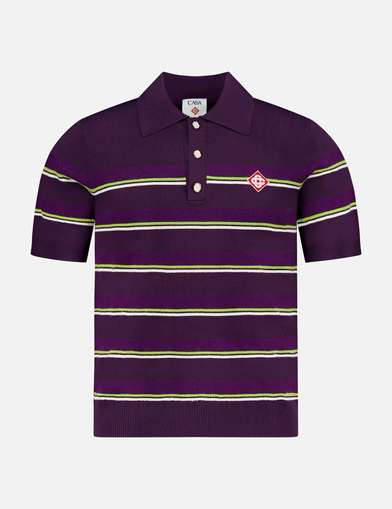 The CASABLANCA Stripe Short Sleeve Polo Shirt features green and white stripes, a dark purple base, short sleeves, a collar with three buttons, and a small red and white logo on the left chest.