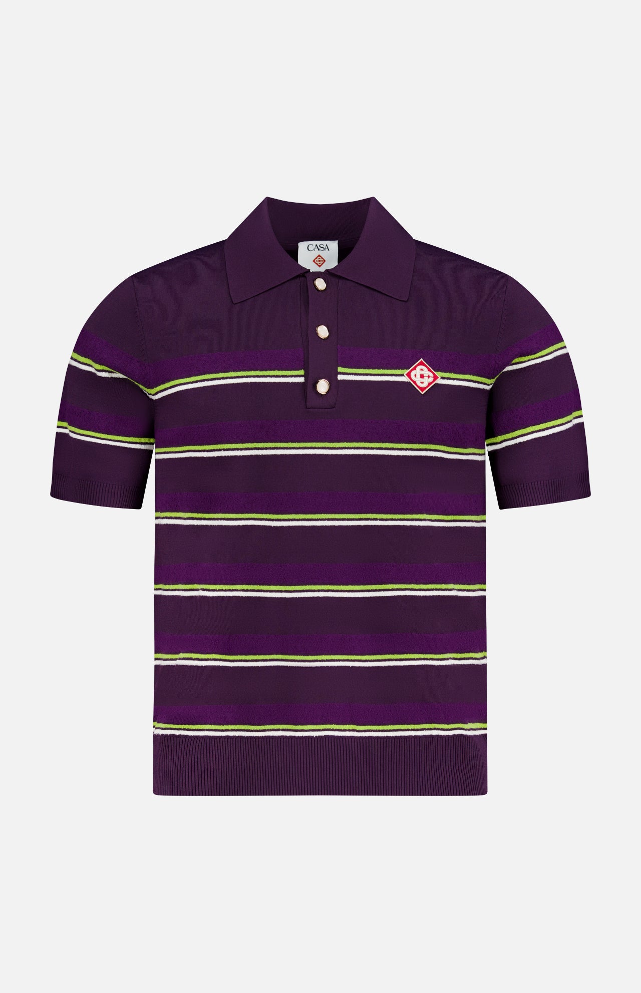 The CASABLANCA Stripe Short Sleeve Polo Shirt features green and white stripes, a dark purple base, short sleeves, a collar with three buttons, and a small red and white logo on the left chest.