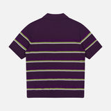 The CASABLANCA Stripe Short Sleeve Polo Shirt in dark purple with thin yellow, green, and white stripes is shown from the back on a plain white background.