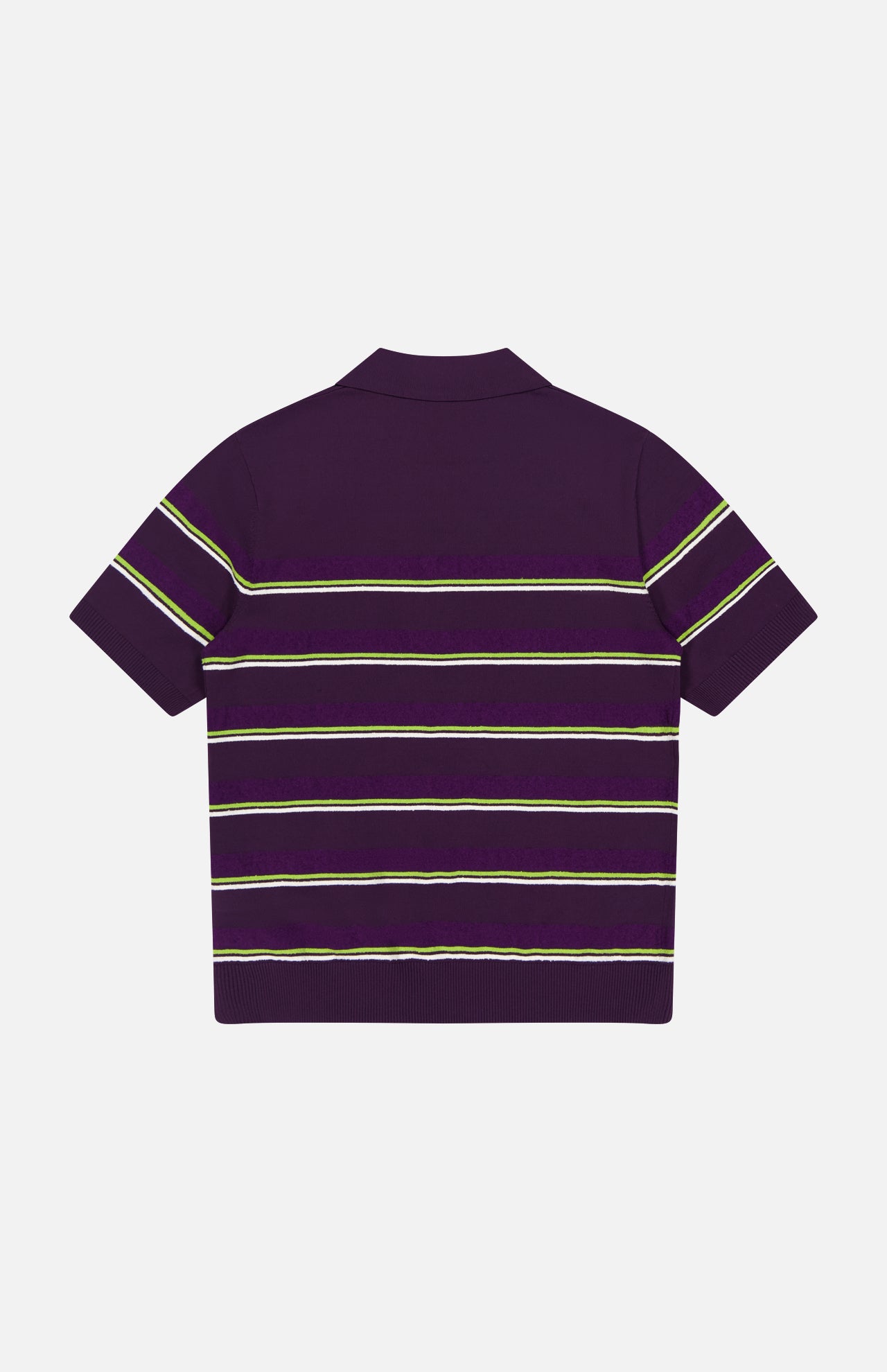 The CASABLANCA Stripe Short Sleeve Polo Shirt in dark purple with thin yellow, green, and white stripes is shown from the back on a plain white background.