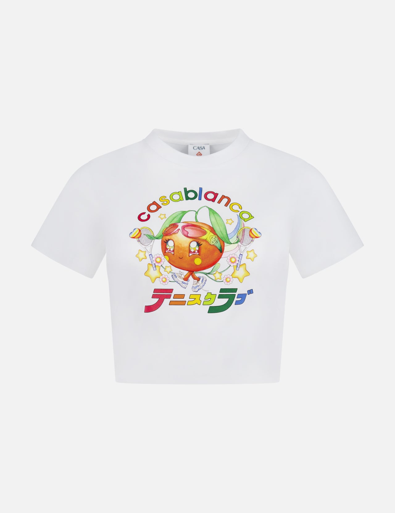The Orange Mascot Stretch Jersey Shirt by CASABLANCA is a white cropped tee made from organic cotton, featuring colorful tennis motifs, stars, the Casablanca logo, and Japanese text on the front.