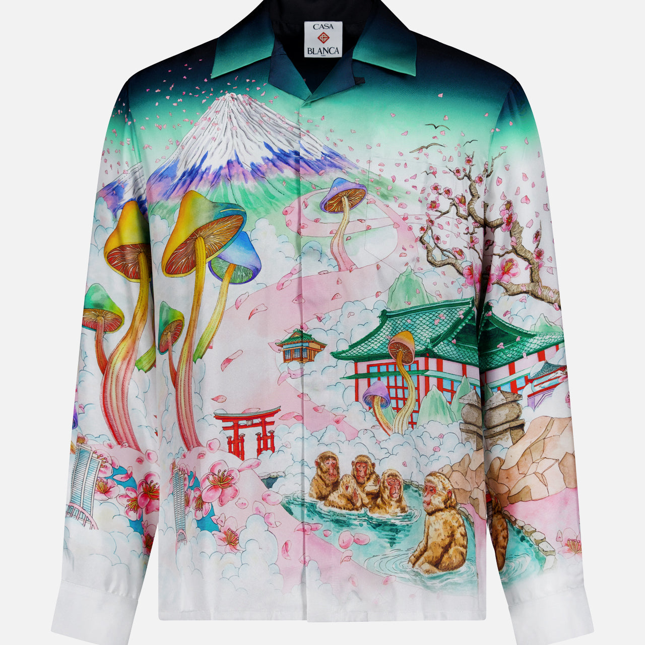 Satin Flower Cuban Collar Long Sleeve Shirt (14704574595435)