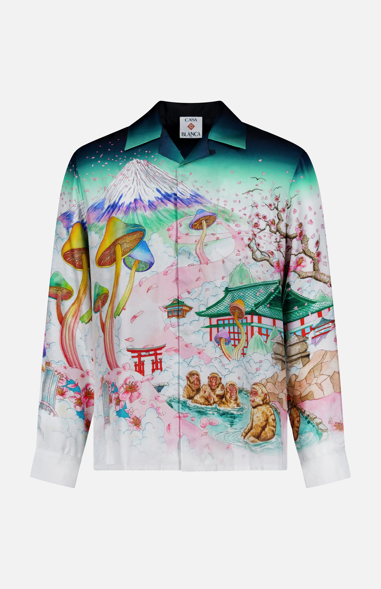 Satin Flower Cuban Collar Long Sleeve Shirt (14704574595435)