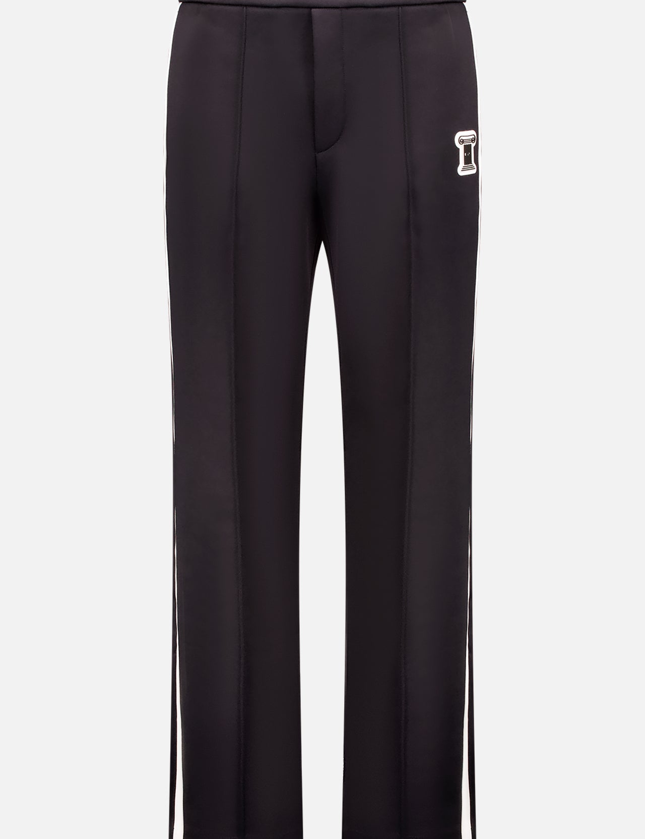 The CASABLANCA Scuba Track Pants feature a tailored fit, front crease detail, white side stripes, and an embroidered B patch on the left thigh for a modern sport look. Shown against a plain white background.