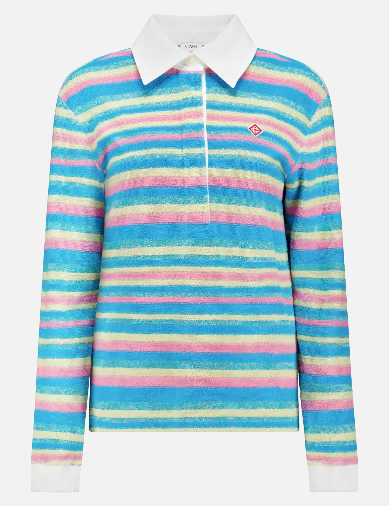 The CASABLANCA Striped Towel Polo Shirt features long sleeves, a white collar, and blue, pink, yellow, and green stripes. Made from striped toweling fabric with a small red and white logo on the left chest.
