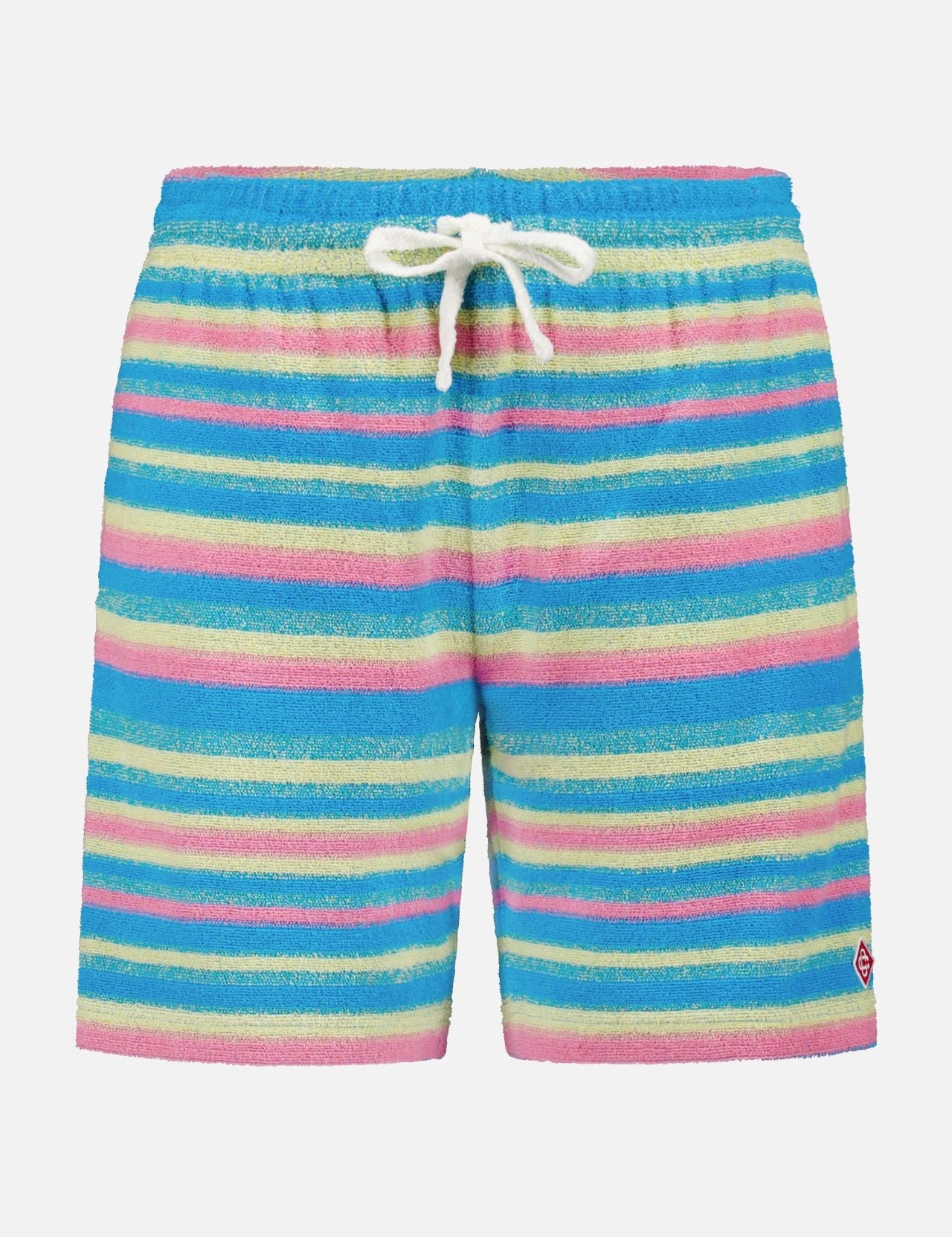 CASABLANCA Striped Towel Shorts feature colorful horizontal stripes in blue, green, yellow, and pink, a white drawstring waist, and a red logo patch—ideal for water activities.