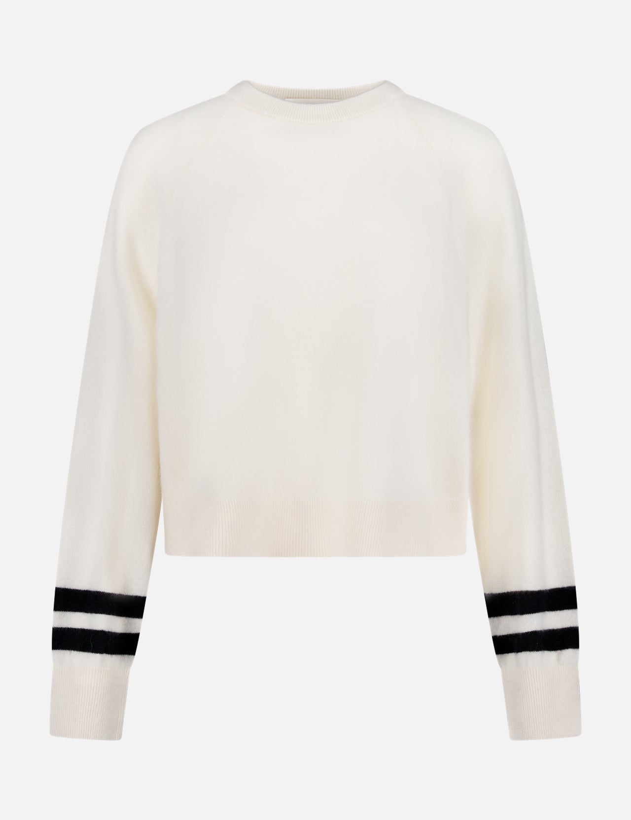 The Cashmere Easy Striped Sweatshirt by WHITE + WARREN is a minimalist ivory women’s pullover with a crew neck, two black stripes near each cuff, and a slightly cropped fit for effortless style and comfort.