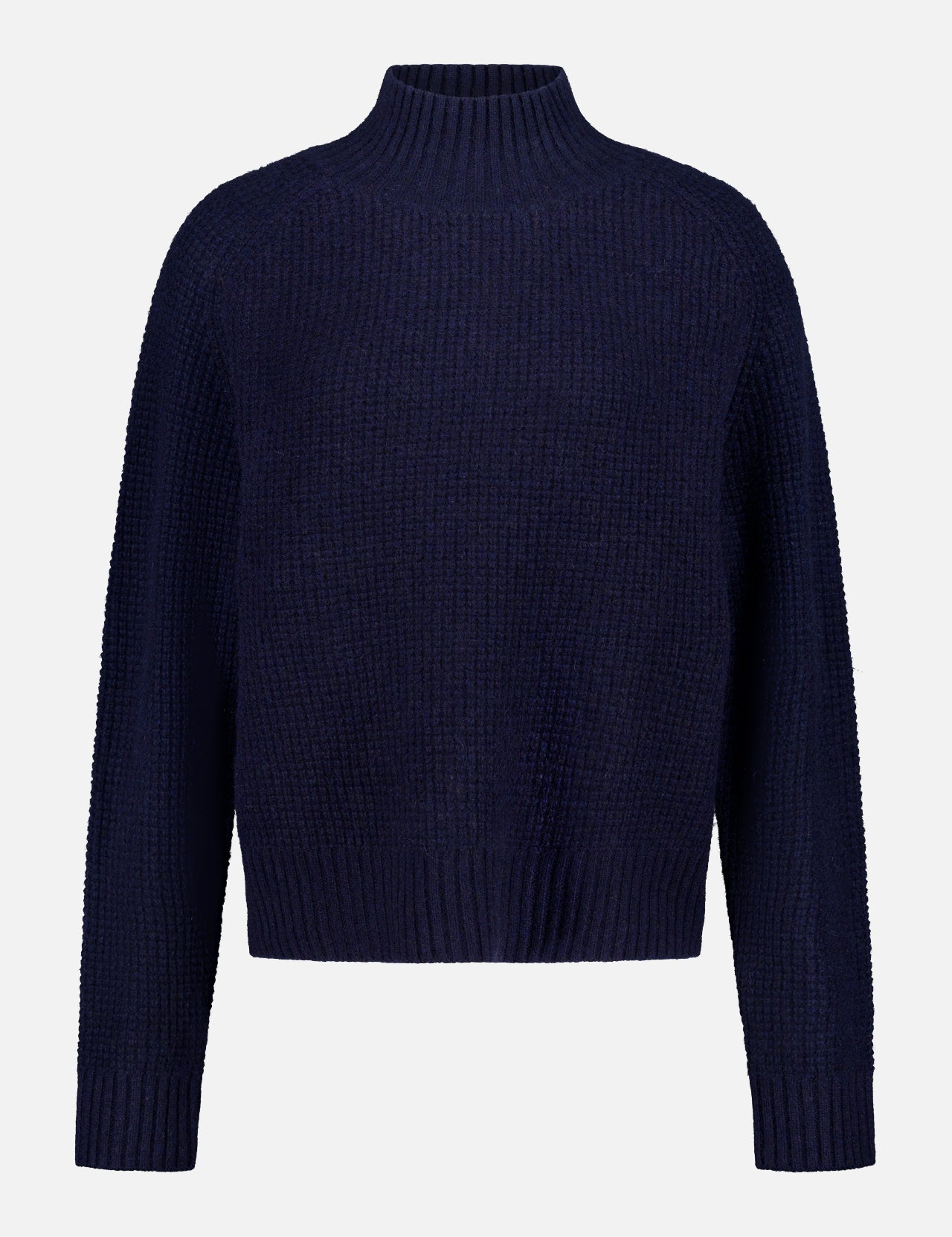 The WHITE + WARREN Cashmere Luxe Waffle Standneck Sweater features a dark navy blue color, long sleeves, ribbed knit texture, and high crew neckline, displayed against a plain white background.