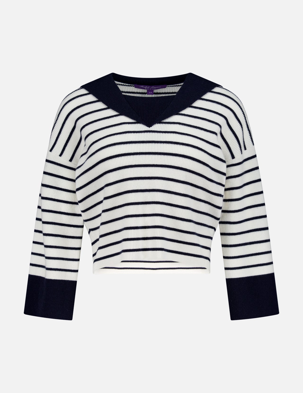 The Cashmere Sailor Pullover Sweater by RALPH LAUREN COLLECTION features black stripes on white, a deep V-neck, contrasting black cuffs and collar, and a slightly cropped fit for a modern take on classic nautical style.