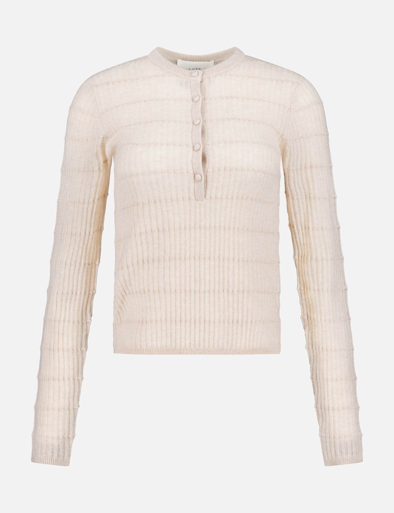 The Cashmere Textured Henley Top by WHITE + WARREN is a cream-colored, long-sleeve ribbed knit with a round neck and partial button placket—an elegant piece for quiet luxury.