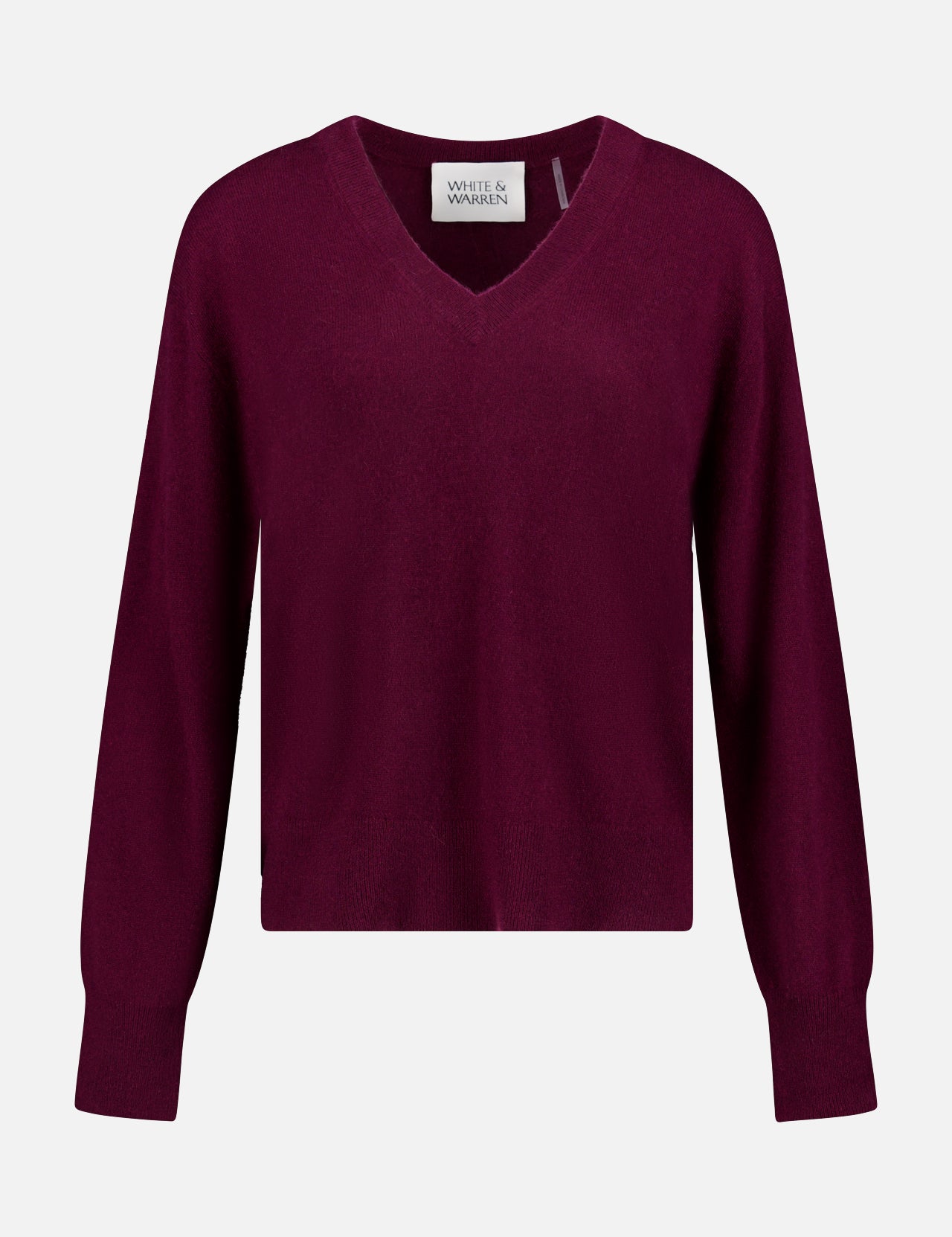 The WHITE + WARREN Cashmere V-Neck Sweater in deep burgundy features long sleeves and is shown on a plain white background, radiating quiet luxury.
