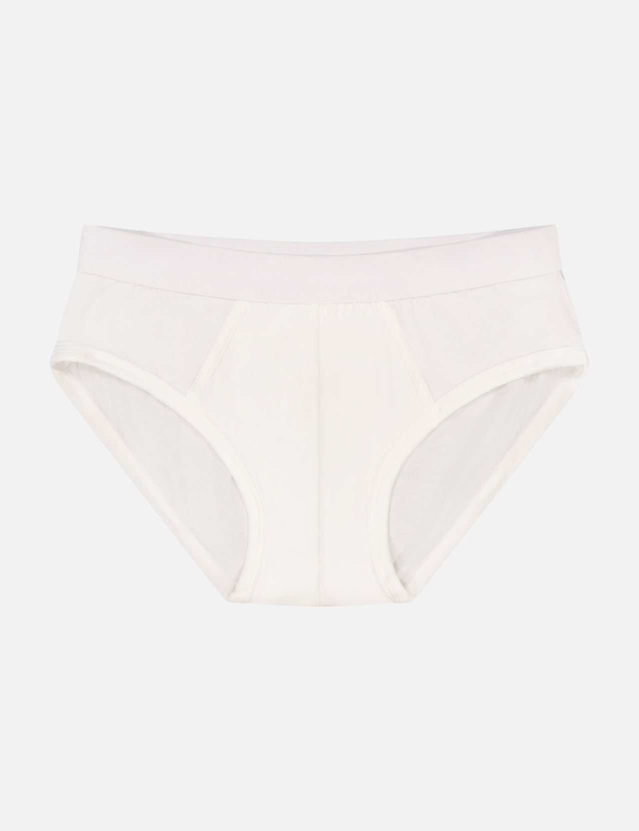 The CDLP Y-Brief is a white cotton men’s underwear brief featuring a wide waistband and seamless design, displayed flat on a plain white background—a true staple among luxury essentials.