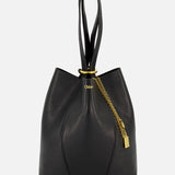 The Chloé Spin Bag with Chain by CHLOÉ is a black leather bucket bag featuring a drawstring closure, gold-tone chain detail, and the brand’s embossed name—a minimalist accessory that exemplifies refined style.