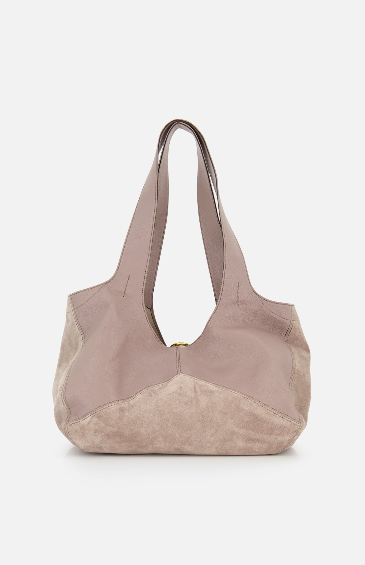 The CHLOÉ Chloé Balloon Sling Bag is a large leather and suede bag in muted beige and taupe, featuring wide shoulder straps and a curved design, shown against a plain white background.