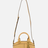 The Chloé Ostrich-effect Bowling Hand Bag by CHLOÉ is a tan, dome-shaped bag with gold hardware, a decorative gold chain accent, two handles, and an adjustable shoulder strap, shown against a plain white background.