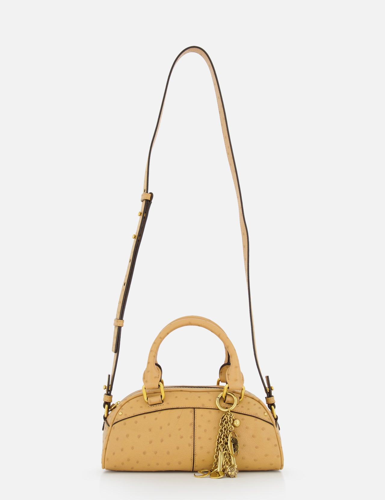 The Chloé Ostrich-effect Bowling Hand Bag by CHLOÉ is a tan, dome-shaped bag with gold hardware, a decorative gold chain accent, two handles, and an adjustable shoulder strap, shown against a plain white background.