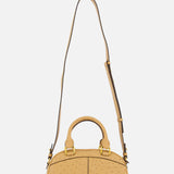 The CHLOÉ Ostrich-effect Bowling Hand Bag is a small, tan bag with gold hardware, two short handles, and a long adjustable shoulder strap, shown against a plain white background.