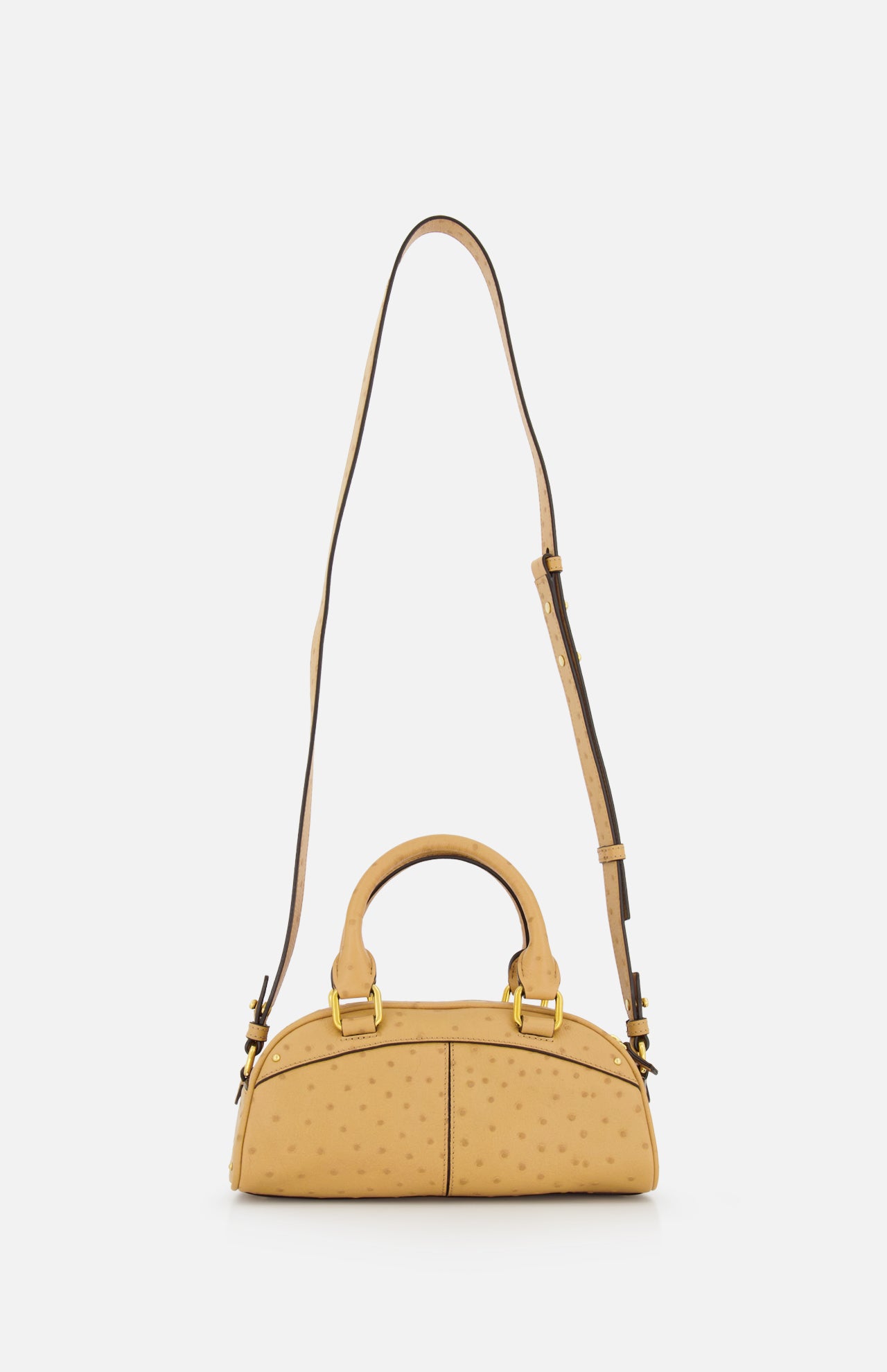 The CHLOÉ Ostrich-effect Bowling Hand Bag is a small, tan bag with gold hardware, two short handles, and a long adjustable shoulder strap, shown against a plain white background.