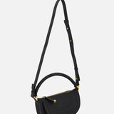 The CHLOÉ Marcie Mini Saddle Bag is a black leather crossbody with gold hardware, a curved flap, and an adjustable strap, shown against a plain white background.