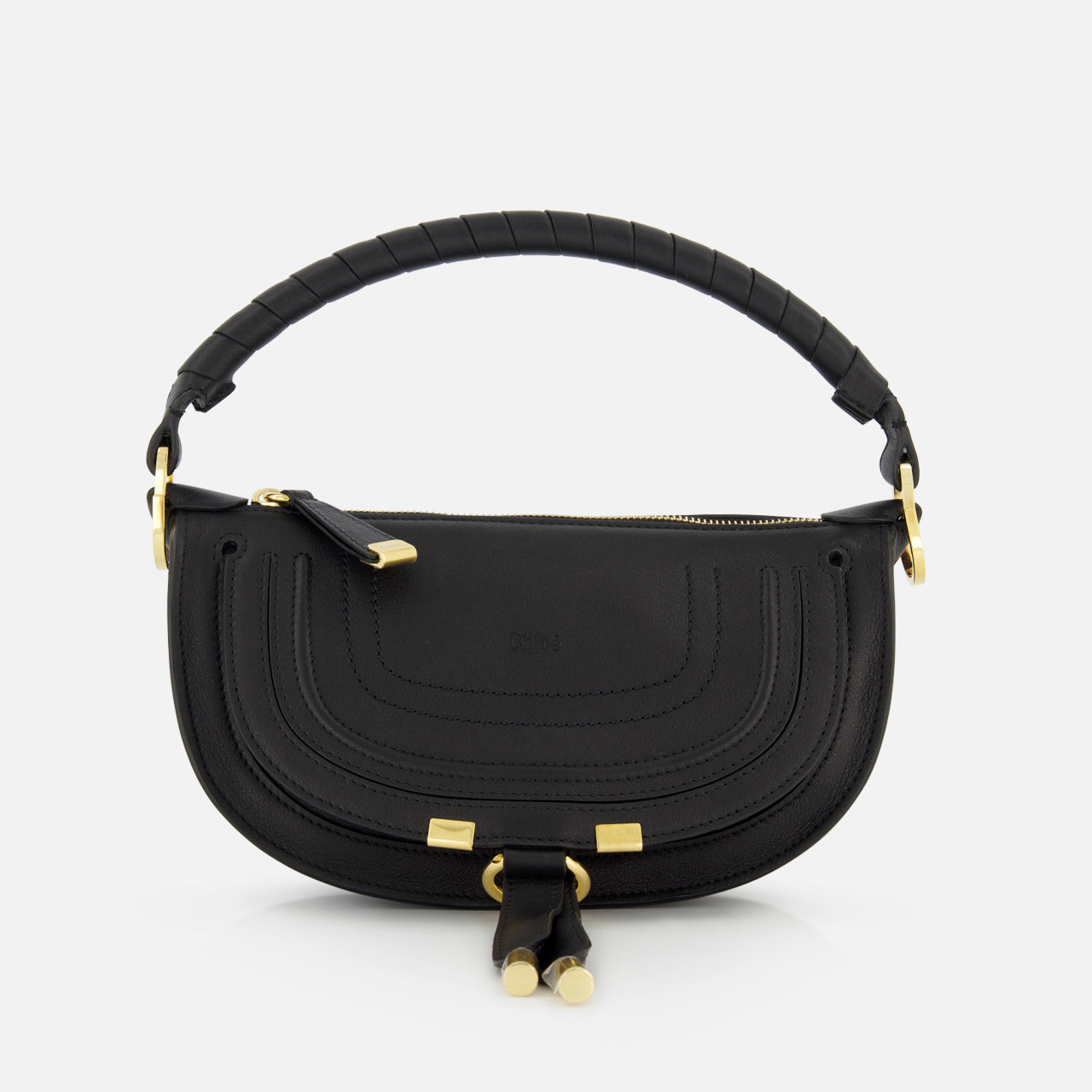 The CHLOÉ Marcie Mini Saddle Bag features black leather, gold hardware, a rounded silhouette, decorative front stitching, zipper closure, and a padded leather-wrapped handle—ideal as a chic crossbody for day or night.