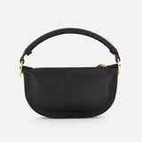 The CHLOÉ Marcie Mini Saddle Bag is a black leather day bag with a curved shape, gold zipper, and thick padded handle, shown on a plain white background—a versatile designer accessory for everyday style.
