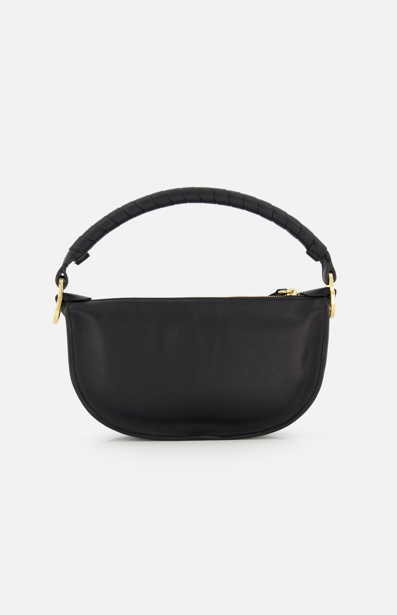The CHLOÉ Marcie Mini Saddle Bag is a black leather day bag with a curved shape, gold zipper, and thick padded handle, shown on a plain white background—a versatile designer accessory for everyday style.