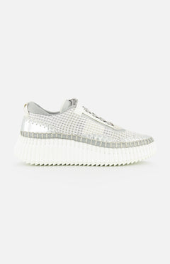 The CHLOÉ Metallized Nama Sneakers feature a silver mesh upper, metallic accents, and a thick white recycled sole, shown in profile on a plain white background.