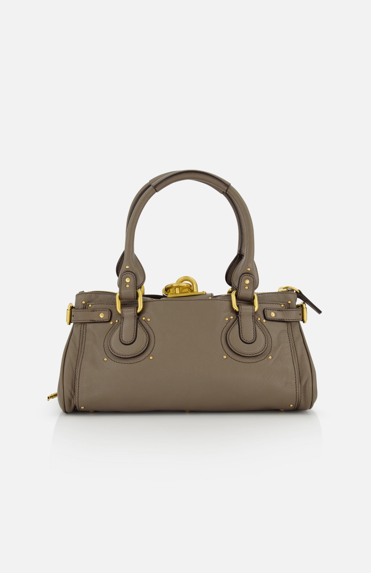 The CHLOÉ Paddington Shoulder Bag is a taupe designer handbag made from buffalo leather with gold hardware, double handles, and decorative circular stitching, shown against a white background.