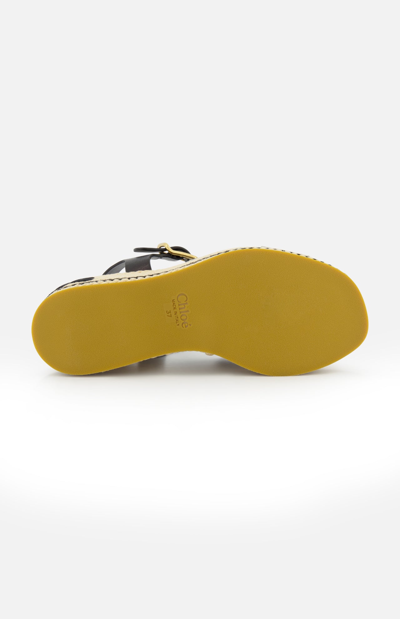 The image displays the bottom view of the CHLOÉ Sand Wedge Heel, featuring a light brown sole with edge stitching and the CHLOÉ logo plus size 37 printed on it.
