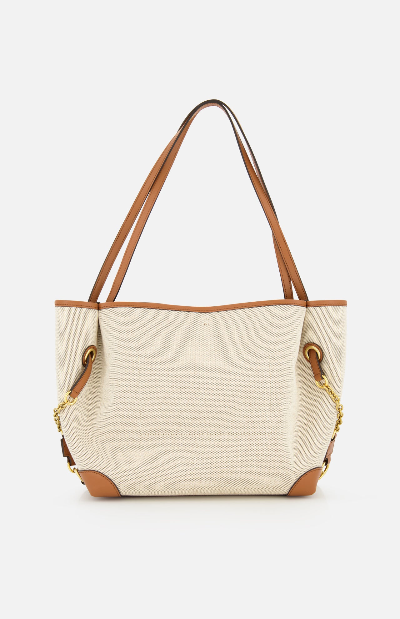 The CHLOÉ Cotton Clover Bag is a beige canvas tote featuring brown leather handles and accents, gold chain details on the sides, and a plain front with visible stitching, set against a white background—this Chloé creation blends timeless elegance with everyday practicality.