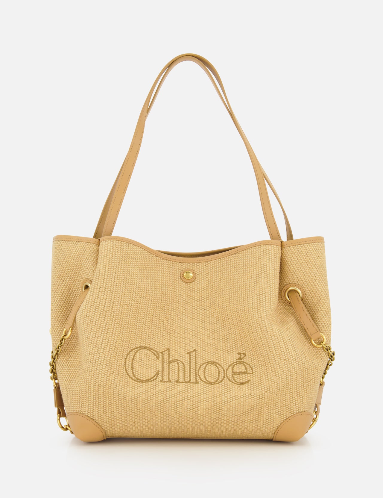 Introducing the Chloé Raffia Clover Bag: a beige woven raffia tote featuring leather handles, gold chain accents, and sleek leather trim. The brand name CHLOÉ is boldly embroidered on the front, complemented by grommet details near the handles and a secure snap closure.