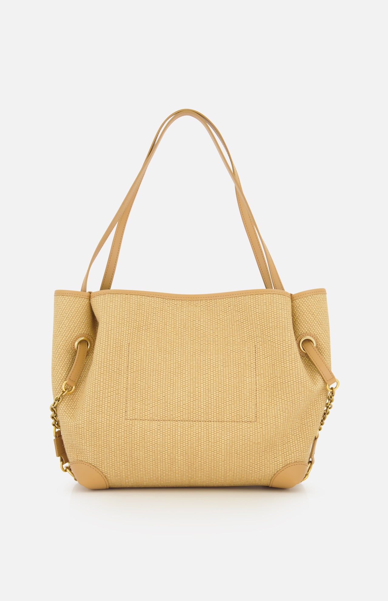 The Chloé Raffia Clover Bag by CHLOÉ features a tan woven raffia design with double shoulder straps, gold chain accents, leather-trimmed corners, and an exterior pocket—all set against a plain white background. This versatile bohemian tote is perfect for everyday style.