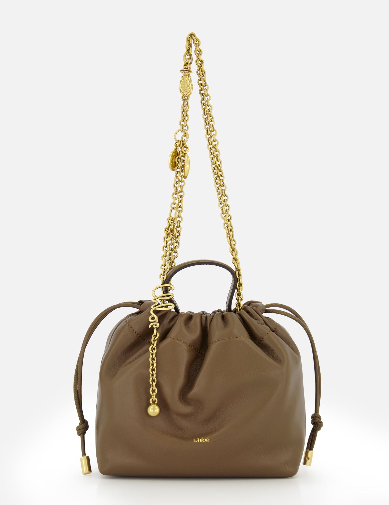 Brown leather Chloé Icons Charms Bag drawstring pouch with a gold chain strap featuring hanging decorative charms.