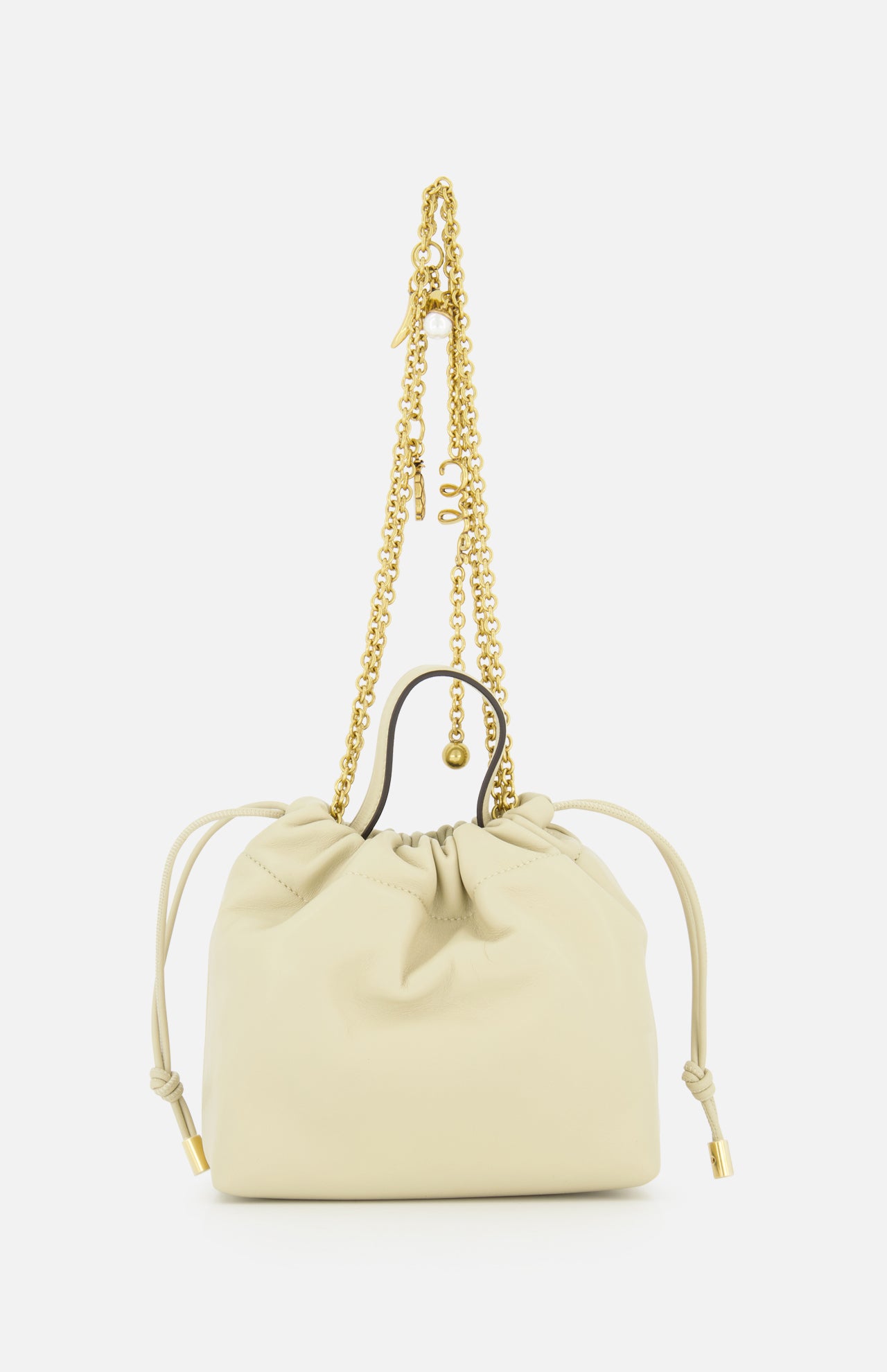 The CHLOÉ Chloé Icons Chain Strap Bag is a small, cream-colored mini shoulder bag featuring knotted ends and a gold chain strap, displayed against a plain white background.