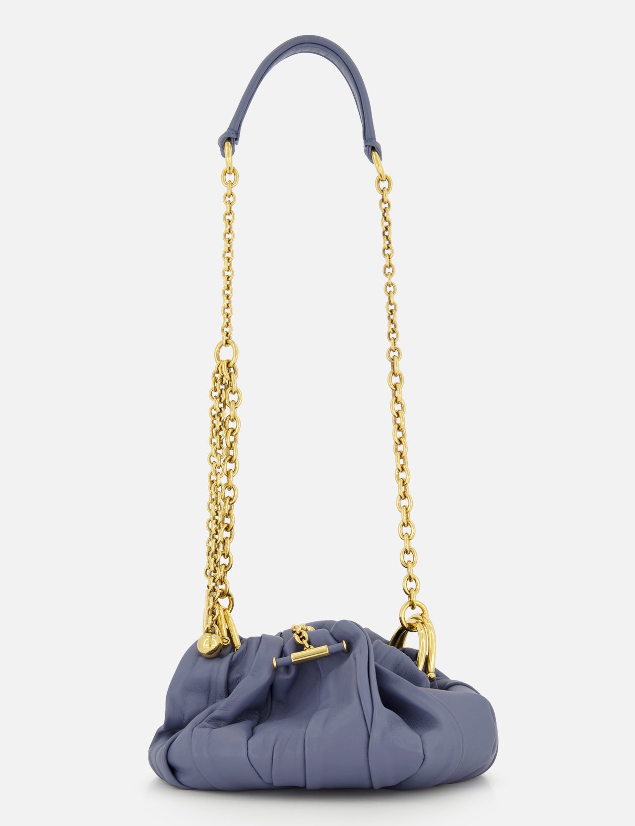 The Chloé Plissé Chain Strap Bag by CHLOÉ is a small lavender designer bag with a ruched, gathered design, gold hardware, a puffy short handle, and a long chain-and-leather strap shown against a plain white background.