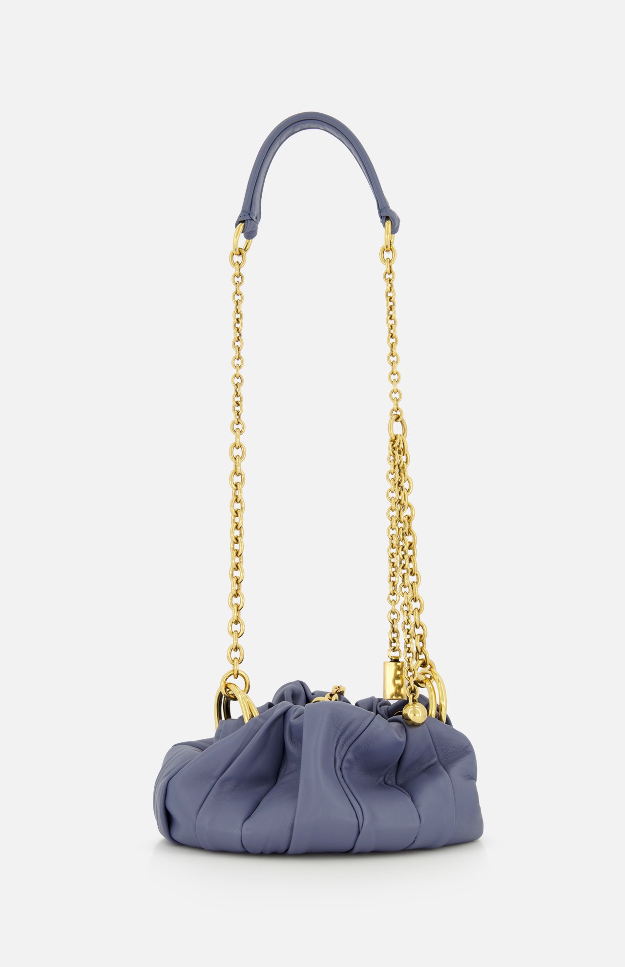 The CHLOÉ Plissé Chain Strap Bag is a small, ruched blue designer bag with a quilted texture and a striking gold chain and leather strap, shown against a plain white background.