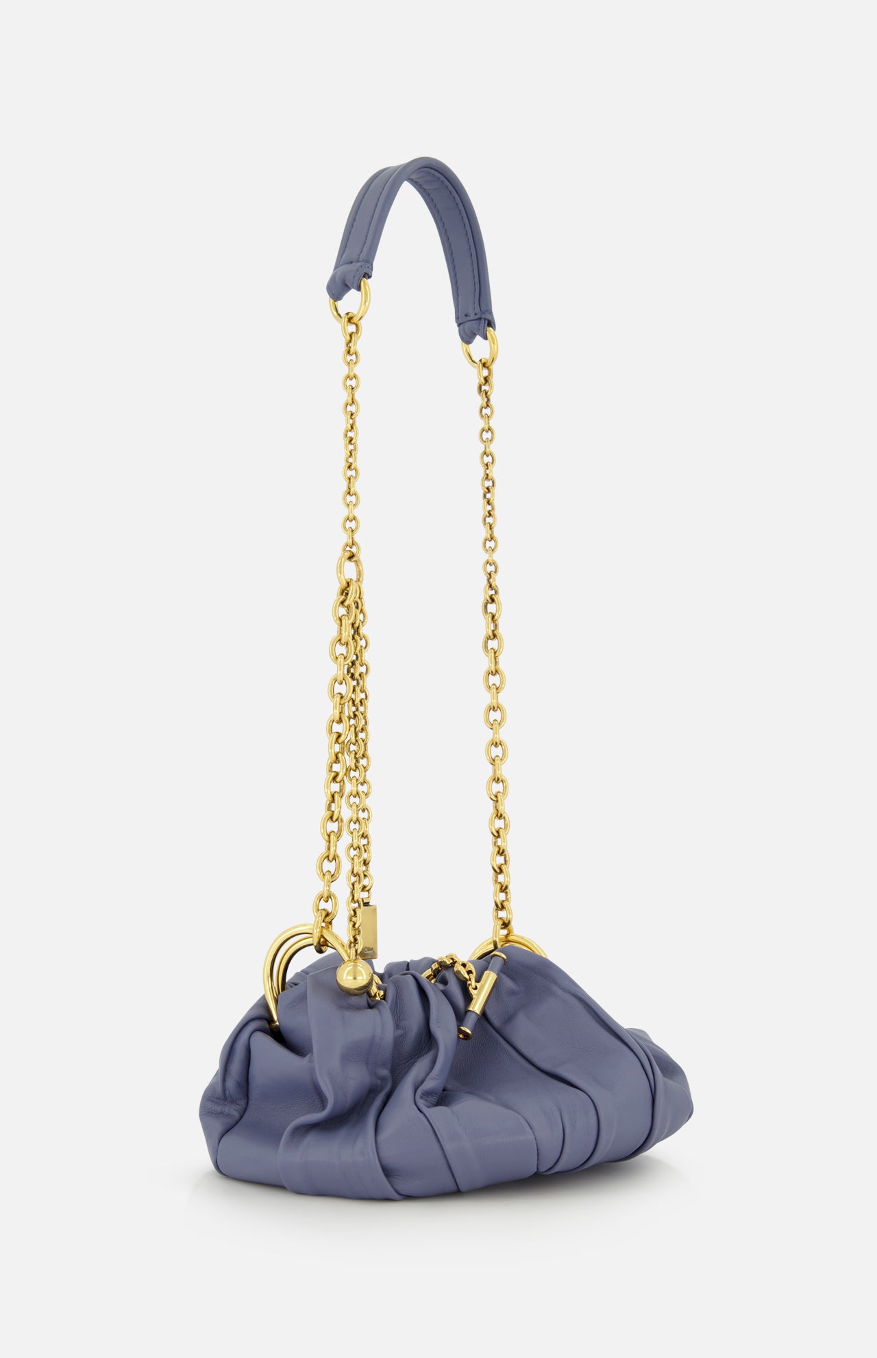 The CHLOÉ Plissé Chain Strap Bag is a lavender pleated lambskin shoulder bag with gold hardware and a delicate chain strap, shown on a white background—the perfect designer accessory for any occasion.