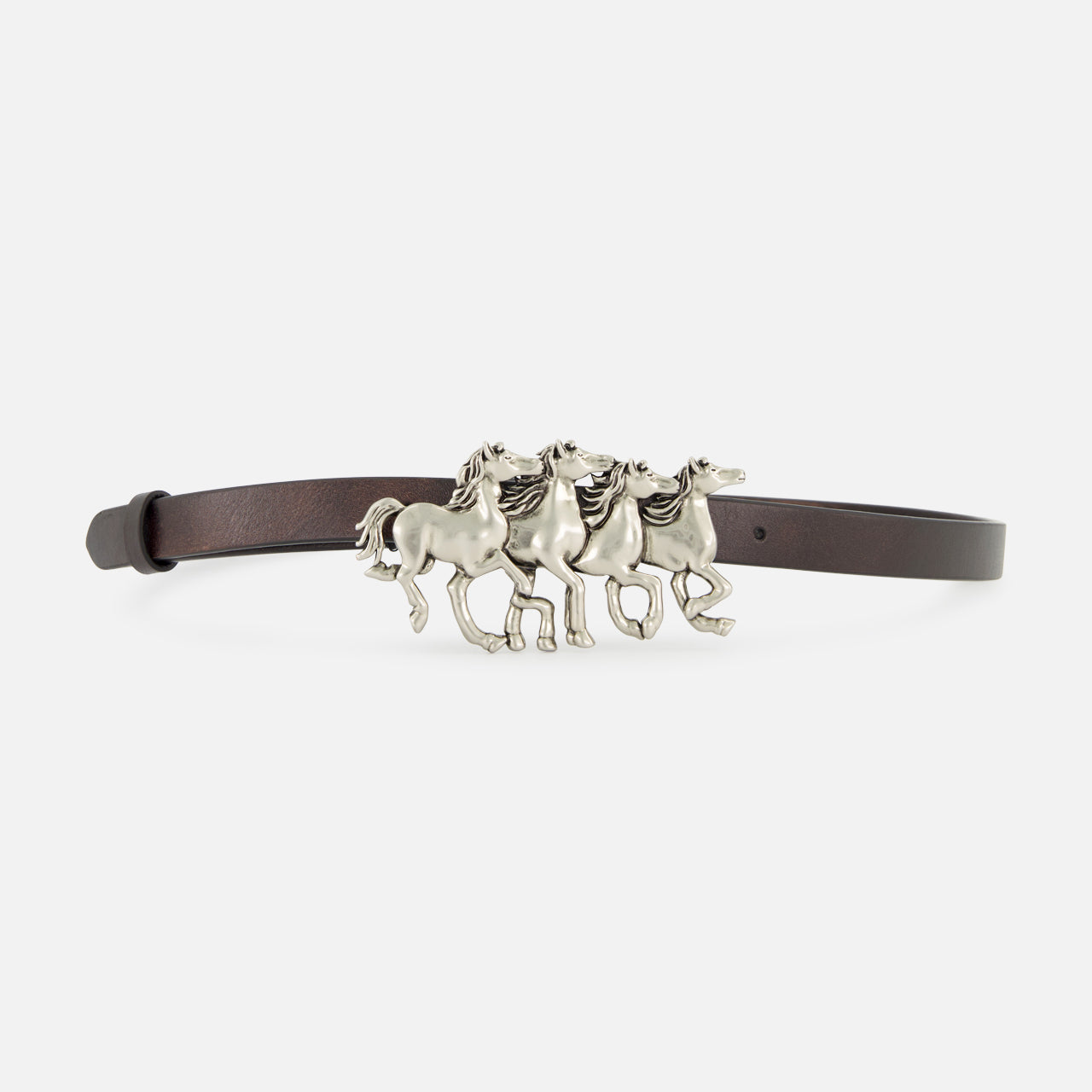 The Chloé Running Horses Belt by CHLOÉ features a slender, dark brown leather strap and a unique silver buckle shaped like three galloping horses, capturing the refined detailing characteristic of Chloé accessories.