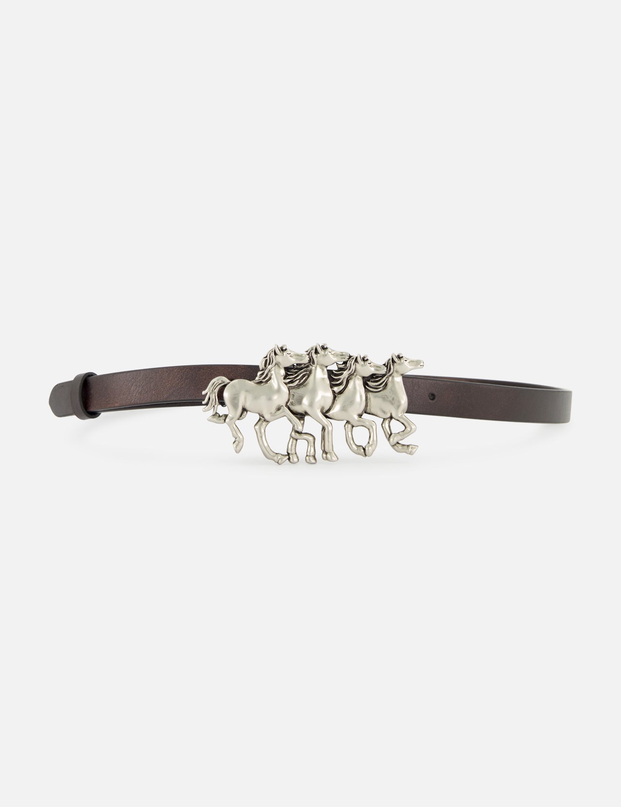 The Chloé Running Horses Belt by CHLOÉ features a slender, dark brown leather strap and a unique silver buckle shaped like three galloping horses, capturing the refined detailing characteristic of Chloé accessories.