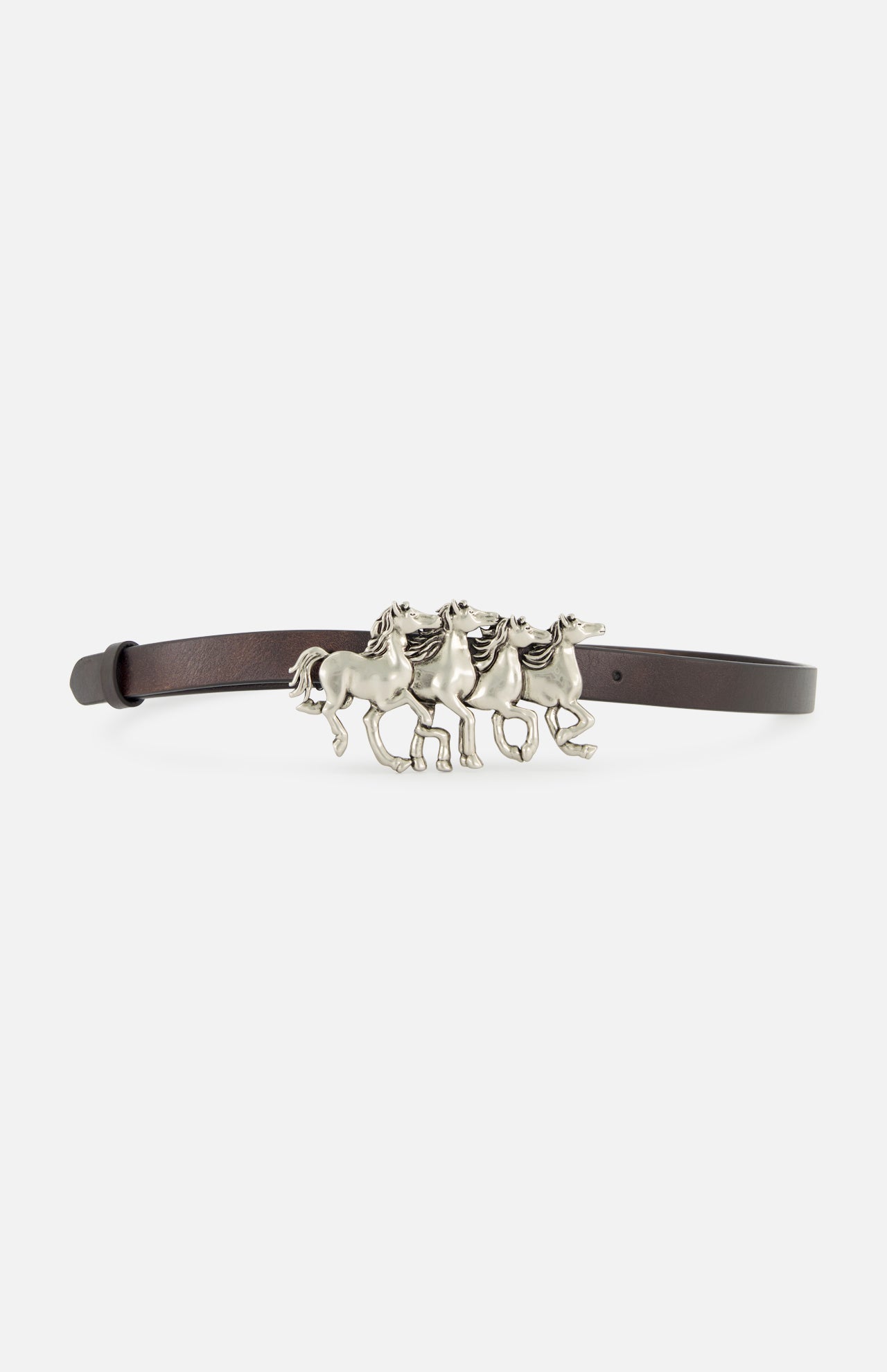 The Chloé Running Horses Belt by CHLOÉ features a slender, dark brown leather strap and a unique silver buckle shaped like three galloping horses, capturing the refined detailing characteristic of Chloé accessories.